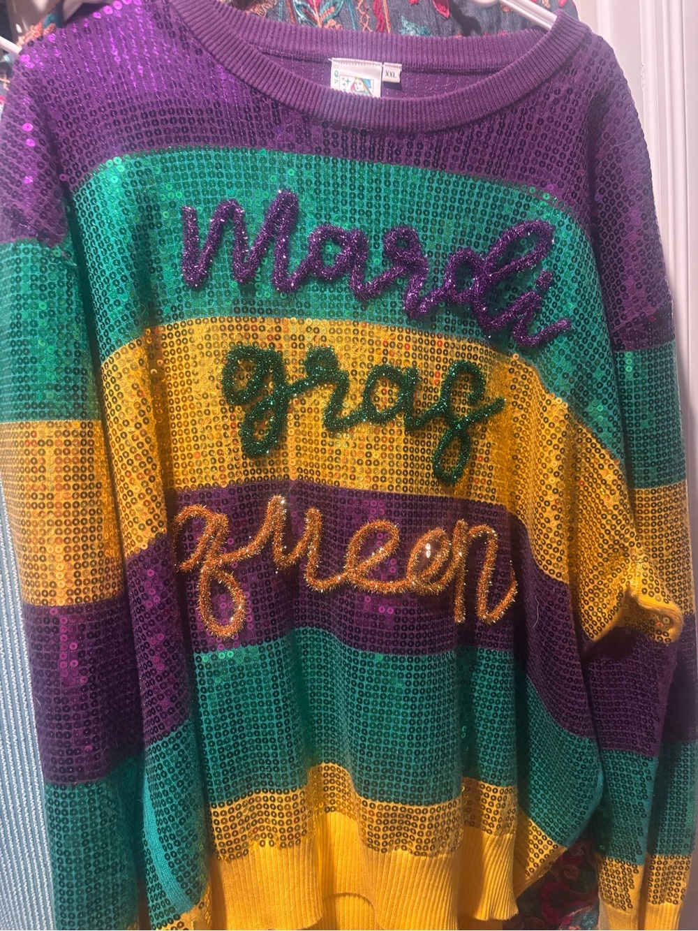 QUEEN OF SPARKLES Sequin Stripe Crewneck in Purple, Green & Gold